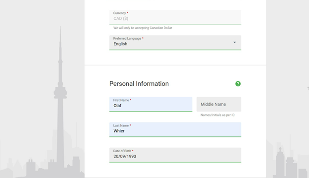 Second section of the registration form